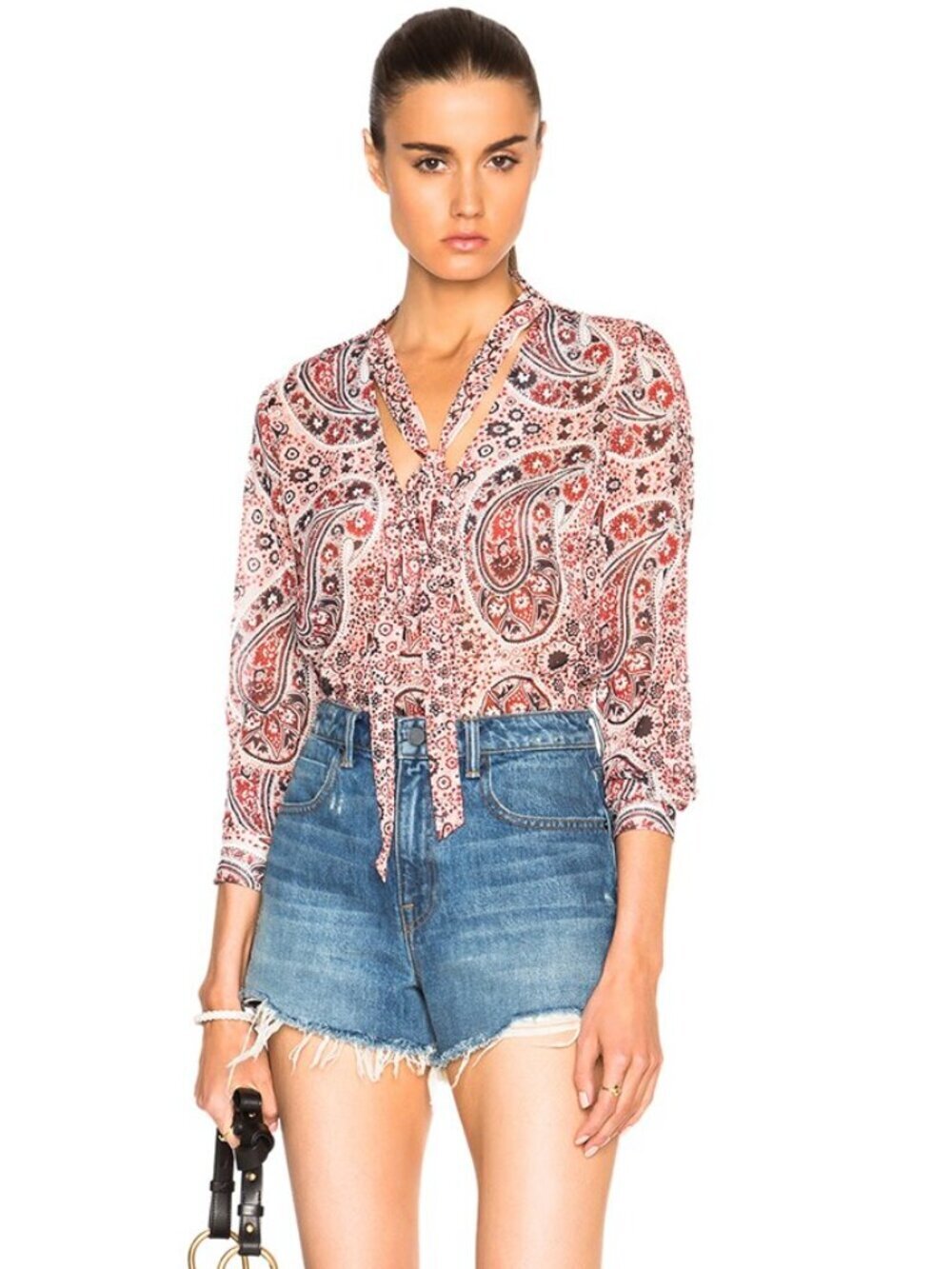 ALICE + OLIVIA Annabel Bohemian Paisley Sheer Chiffon Tie Neck Blouse, Size L
